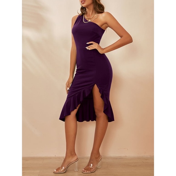 120. LARGE NEW YOESEE Women One Shoulder Sleeveless Bodycon Dress Side Split Ruf - Picture 4 of 6